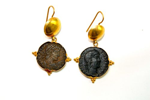 A pair of High Karat Gold Earring set with Ancient Roman Bronze Coins. 