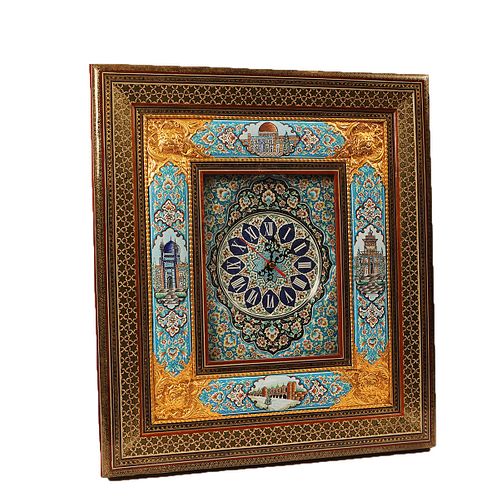 Persian Enamel on Copper Clock with Mosaic Inlaid Wooden Frame.