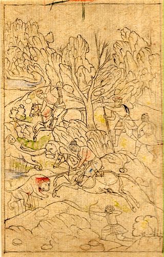 Mughal India sketch on gouache of a Mughal king hunting a lion sword and bow, 