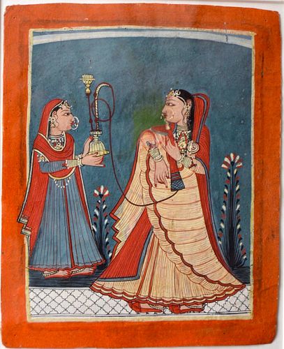 A Important Indian Miniature of A  Nable woman Smoking a Hukka held by a attendant.  Mandi School Circa 1750, 