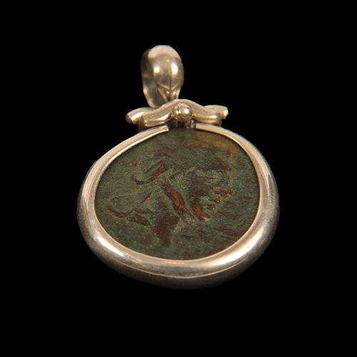 Ancient Greek Bronze Coin Set in Silver Pendant.