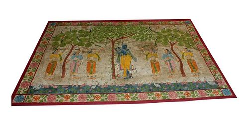 Indian painting of textile ( pichwai ) Lord Krishna playing the flue 