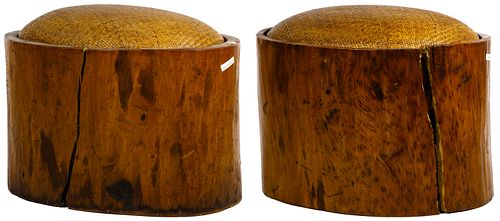 Asian Wood and Rattan Upholstered Stools