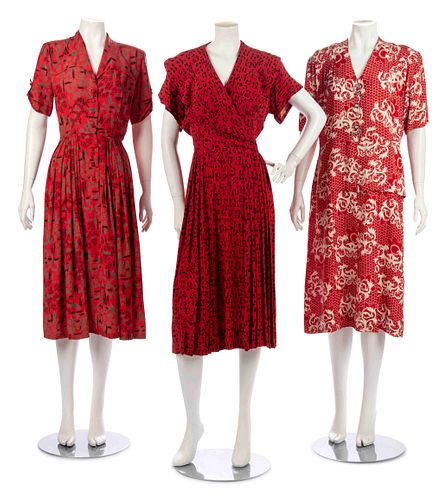 Three Red and Print Dresses, 1940s
