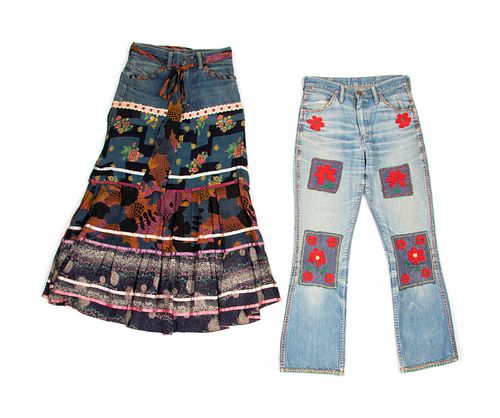 Two Denim Bottoms; One Pair of Patched Wrangler Jeans, One Levis Skirt, 1960s-1970s