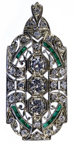 Platinum, Emerald and Diamond Brooch / Pendant