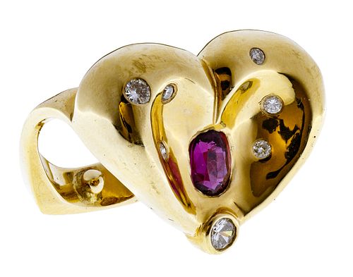 Ron Ray 18k Gold, Ruby and Diamond Heart Ring