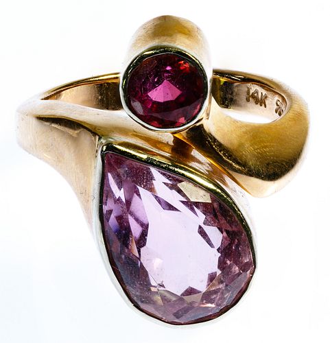 Ron Ray 14k Rose Gold, Pink Topaz and Amethyst Ring