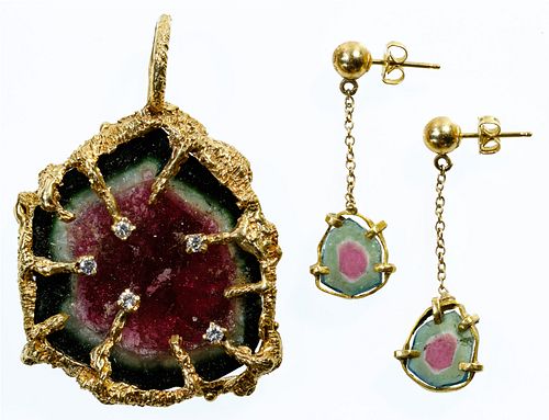 14k Gold and Agate Pendant and Earrings