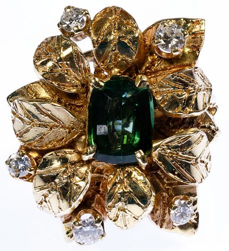 14k Gold, Emerald and Diamond Flower Ring
