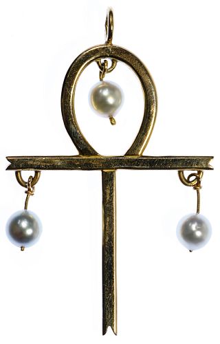 14k Gold and Pearl Ankh Pendant