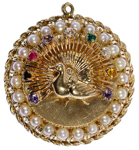 10k Gold, Semi-Precious Gemstone and Pearl Peacock Pendant