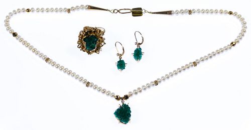 18k / 14k Gold, Emerald and Pearl Jewelry Suite