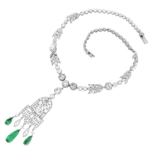 Art Deco Diamond, Emerald and Platinum Necklace