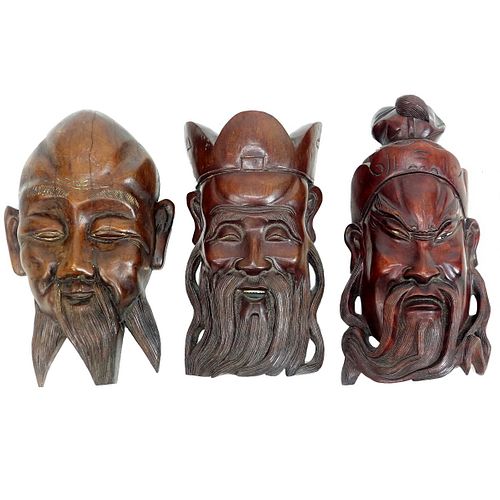 Three (3) Chinese Hand Carved Wooden Masks