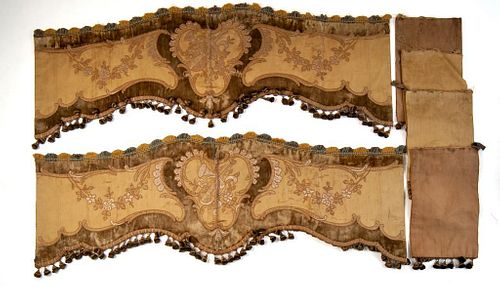 Pair of English Silk and Velvet Embroidered Applique Valances.