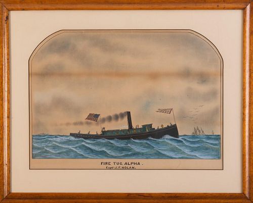 Watercolor Folk Painting of the Fire Tug Alpha.