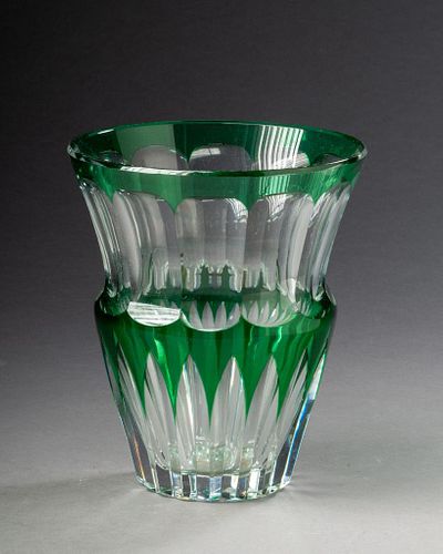 Baccarat Green Cut to Clear Glass Vase.