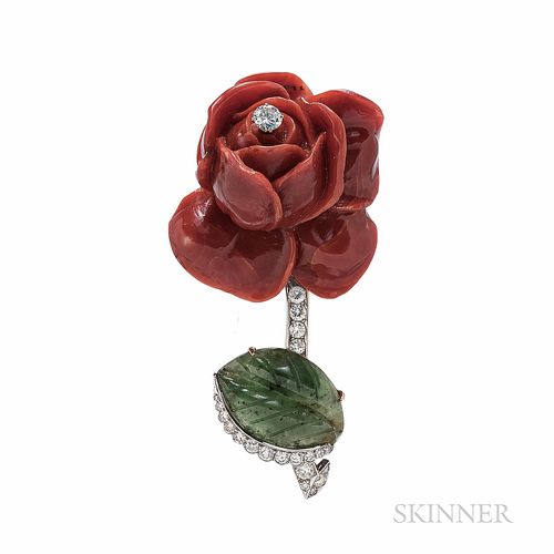 Cartier Coral, Nephrite, and Diamond Rose Brooch