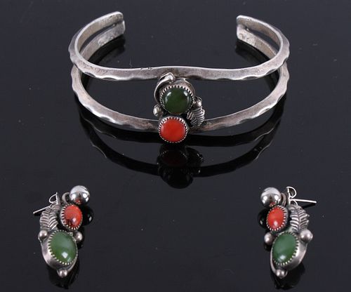 Navajo Silver Red Coral & Jade Earrings & Necklace