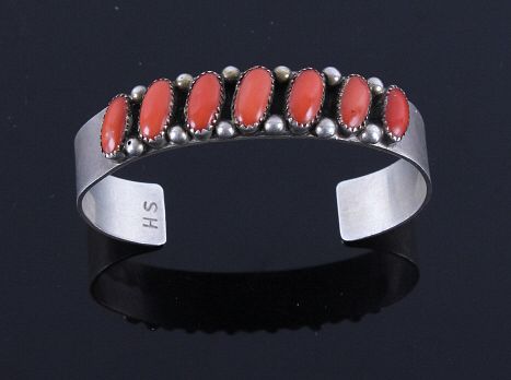 Signed Navajo Sterling Silver Red Coral Bracelet