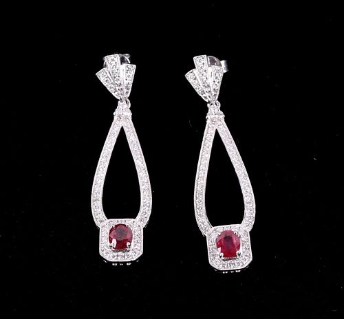 Platinum Dangle Earrings set with Ruby & Diamonds