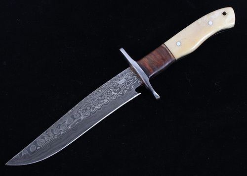 M.T. Knives Damascus Bowie Knife w/ Rosewood Grip
