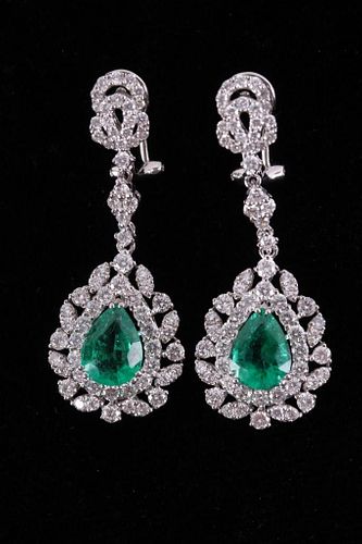 Antique Style Diamond Wreath Emerald 18K Earrings