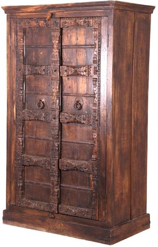 Old World Carved Wood & Wrought Iron Panel Cabinet
