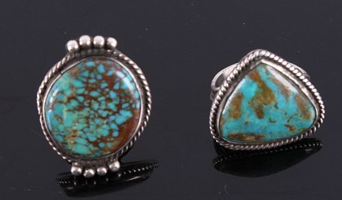 Pair of Signed Navajo Silver & Turquoise Rings