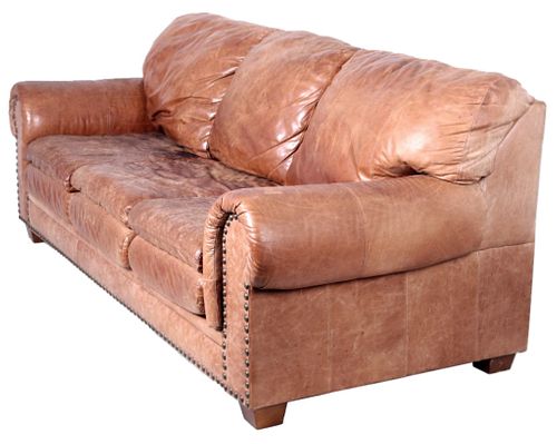 Genuine Leather Sofa w/ Brass Stud Accents