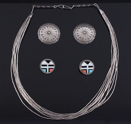 Navajo Sterling Earrings & Silver Beaded Necklace