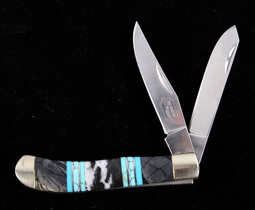 Navajo Turquoise & Agate Inlaid Buffalo Knife