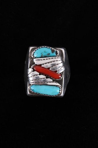 Navajo Sleeping Beauty Turquoise & Red Coral Ring