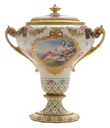 Sevres Style Oval Hand-Painted Footed