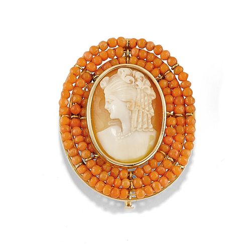 A 18K yellow gold, coral and cameo brooch