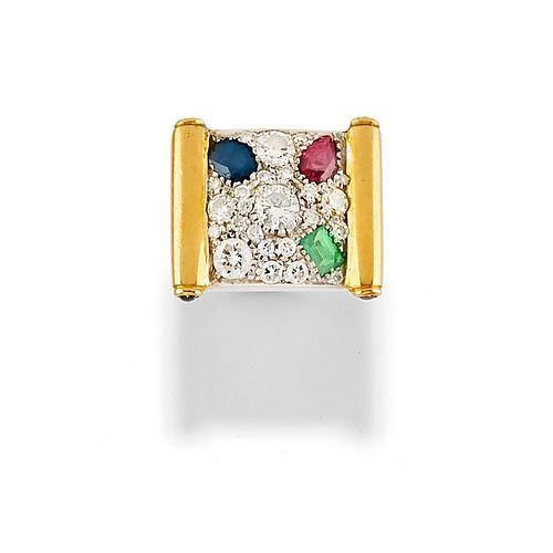 A 18K yellow gold, ruby, emerald, diamond and sapphire ring