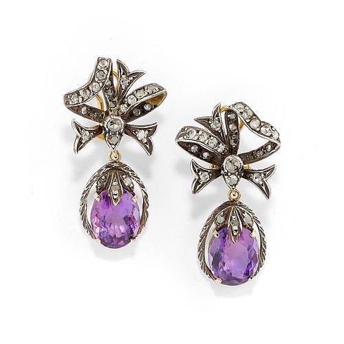 A silver, 18K yellow gold, diamond and amethyst pendant earrings