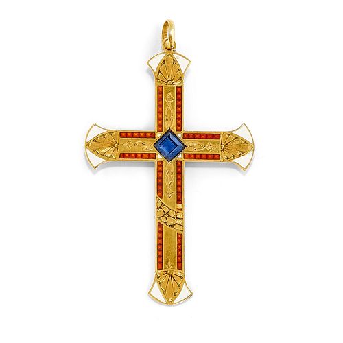 A 18K yellow gold, enamel and synthetic sapphire pendant