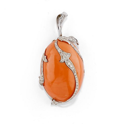 A 18K two-color gold, coral and diamond pendant