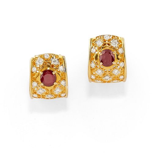 A 18K yellow gold, ruby and diamond earrings