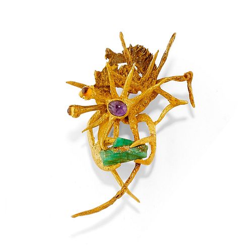 A 18K yellow gold and colored gemstones brooch
