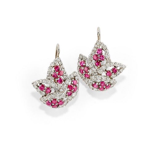 A 18K two-color gold, ruby and diamond earrings