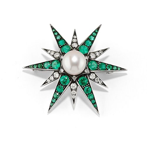 A 18K white gold, 18K burnished gold, cultured pearl, emerald and diamond brooch