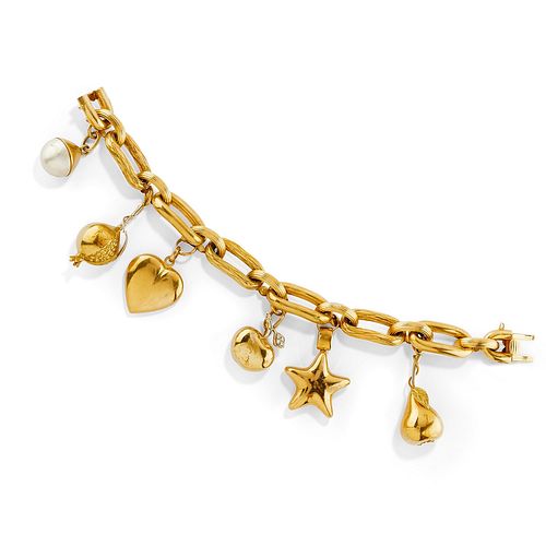 A 18K yellow gold and mabè pearl charms bracelet