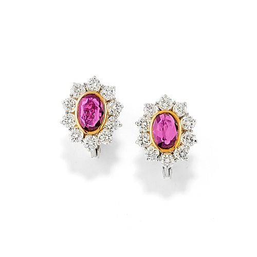 A 18K two-color gold, ruby and diamond earrings