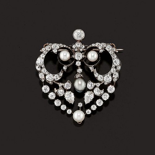 A silver, yellow gold, diamond and natural pearl brooch