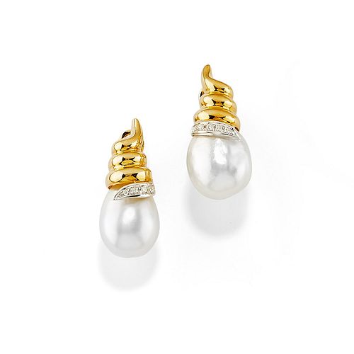 A 18K two-color gold, cultured pearl and diamond earrings