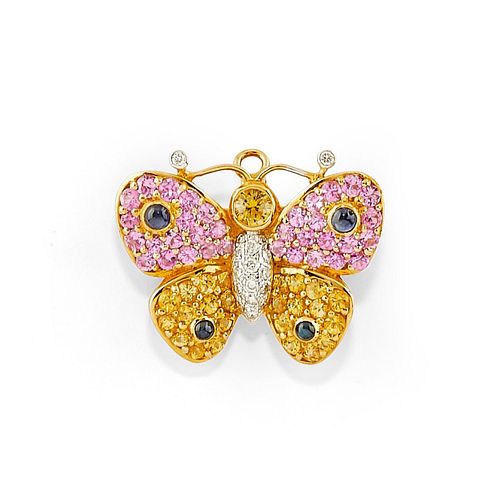 A 18K two-color gold, colored gemstone and diamond brooch