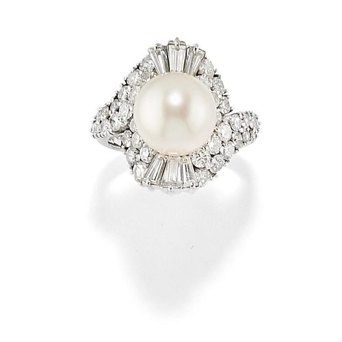 A 18K white gold, cultured pearl and diamond ring